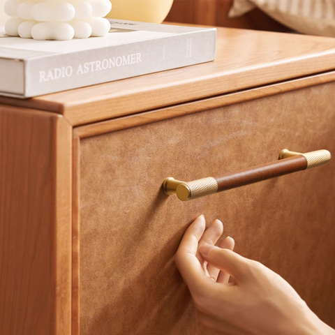 Brass & Leather Cabinet Pulls - Modern Wardrobe Handles