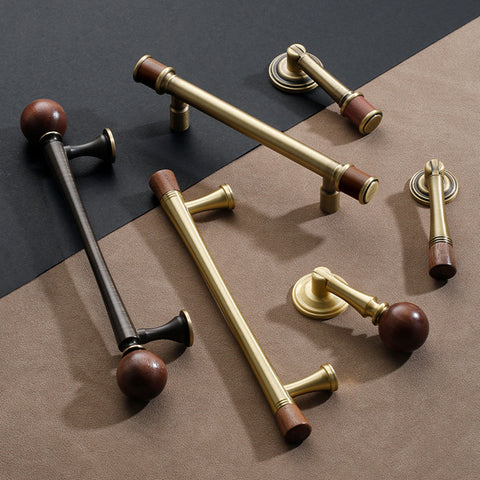 Brass Closet Handles with Walnut Wood Balls, Drawer Knobs/Pulls, Antique Style Brass Cabinet Handles/Pulls, Home Deco Handles
